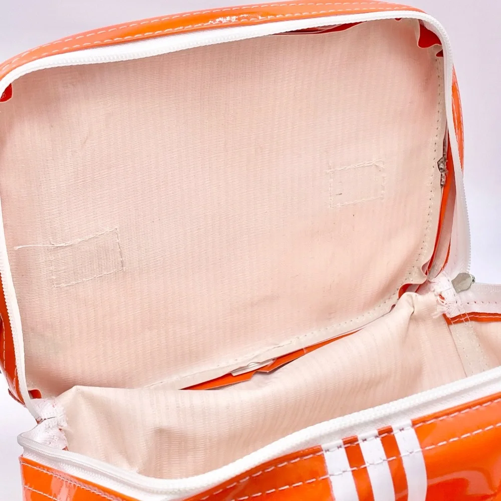 Vintage Adidas Vinyl Orange White Trefoil Logo Stripe Zip Up Block Travel Bag